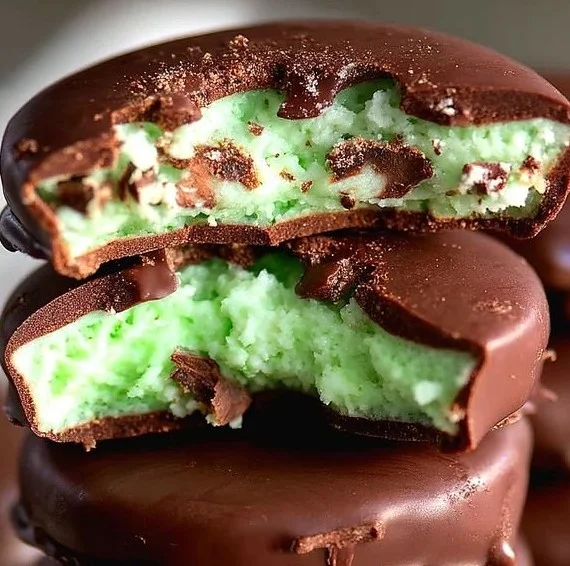 Homemade chocolate covered mint patties on a white plate