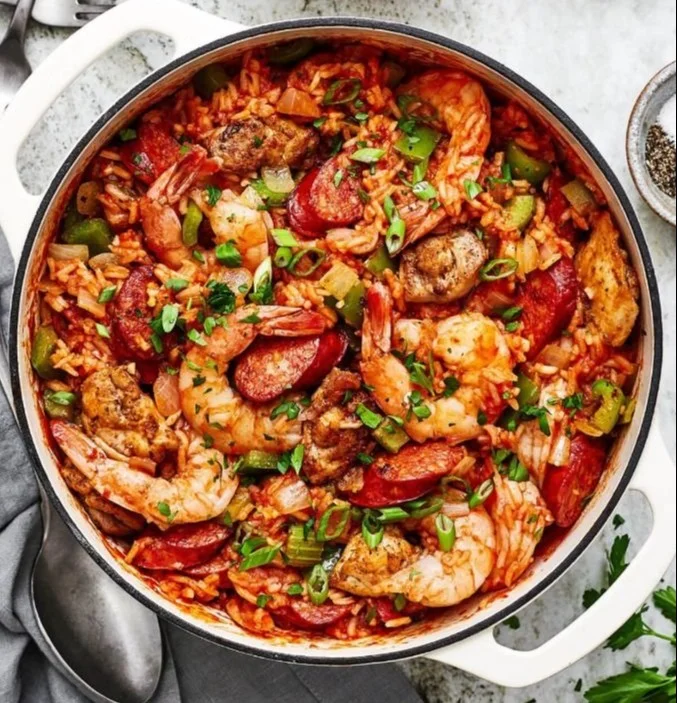 Bowl of easy homemade jambalaya with sausage, chicken, and shrimp.