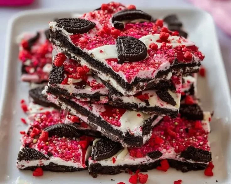 Delicious Valentines Oreo Bark decorated with hearts and festive sprinkles.