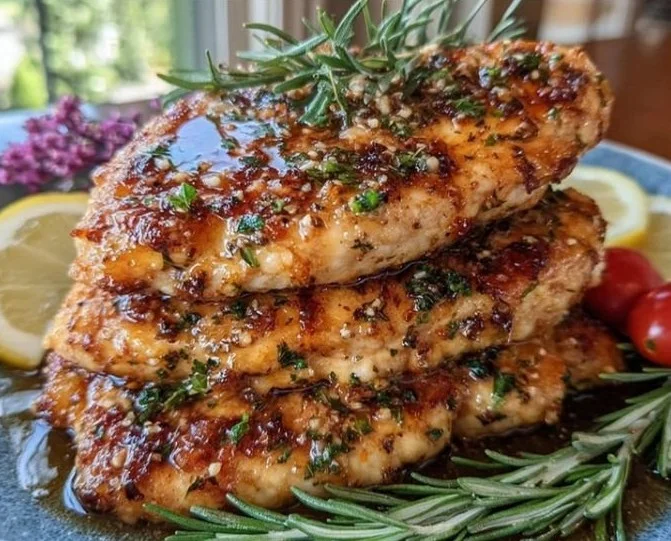 Delicious Mediterranean chicken tenders served with herbs and lemon slices