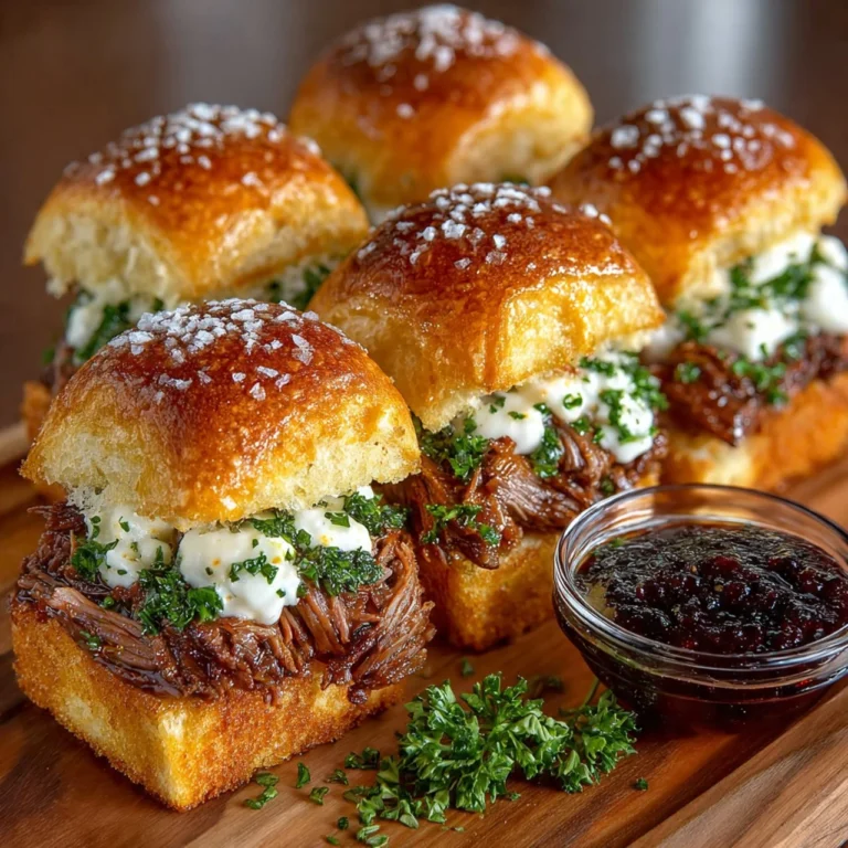 Delicious French Dip Sliders served with au jus for dipping