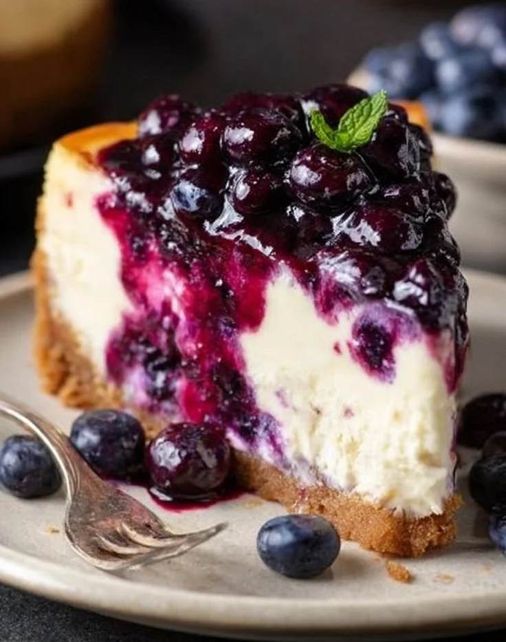 Fresh blueberry cheesecake with a homemade crust garnished with blueberries