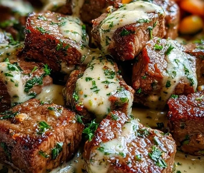 Garlic butter steak bites served with rich Parmesan cream sauce