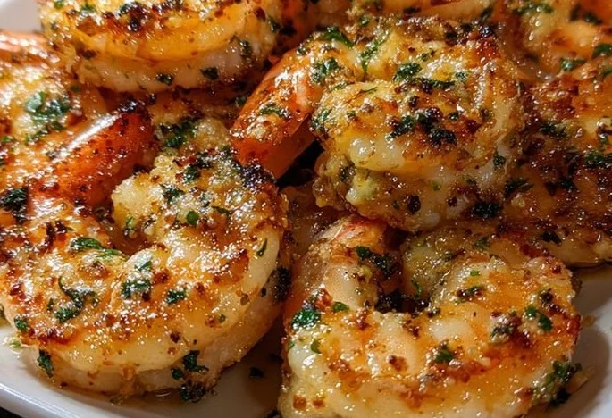 Plate of Garlic Parmesan Roasted Shrimp garnished with parsley