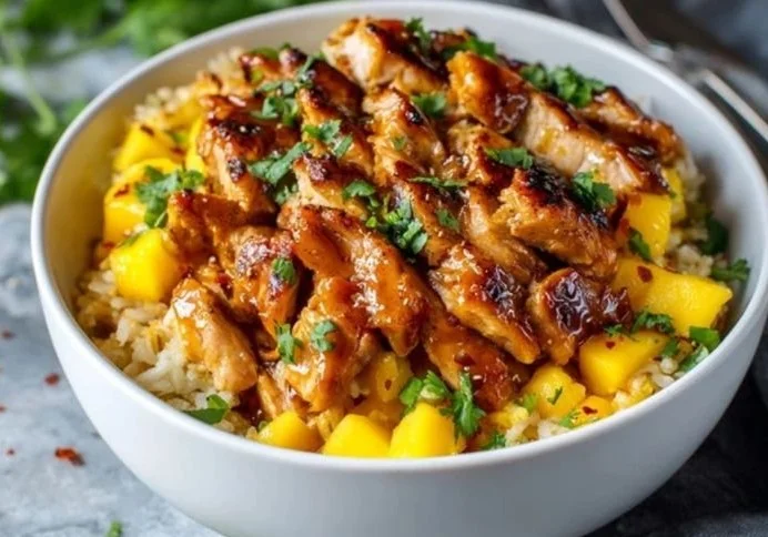 Glazed Chicken Mango Bowl with fresh mango and vibrant sauce