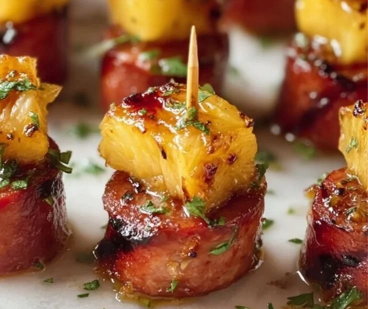 Glazed Kielbasa Pineapple Bites served on a platter
