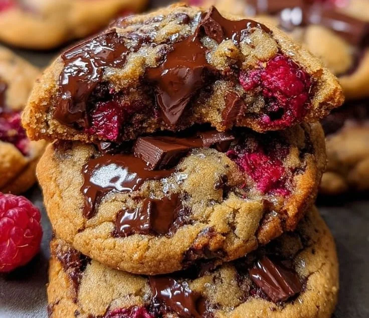 Gooey raspberry chocolate chunk cookies with melted chocolate pieces and raspberries.