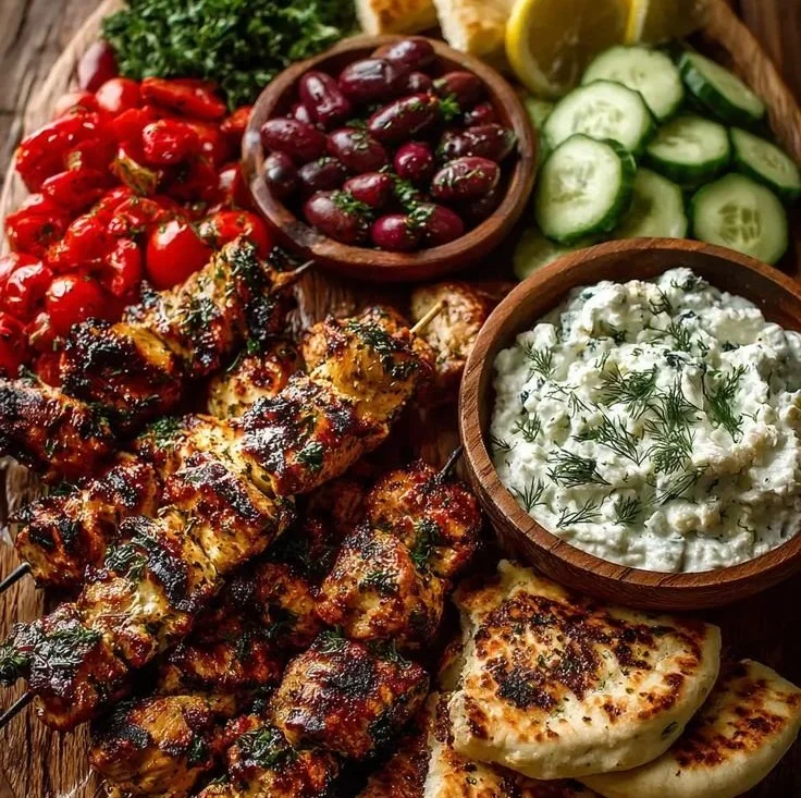 Greek Chicken Souvlaki grazing board with feta dip and Mediterranean appetizers