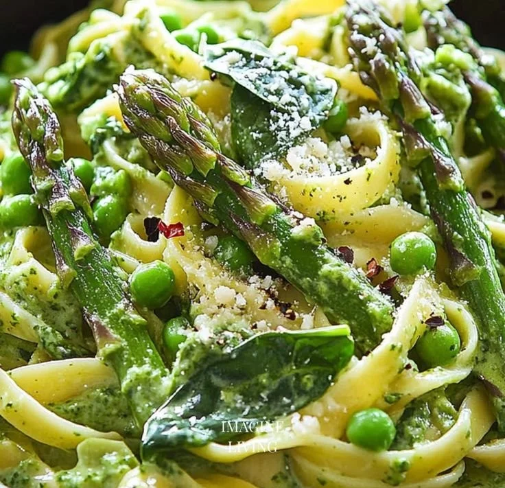 Plate of Green Goddess Fettuccine with creamy spinach sauce, asparagus, and peas