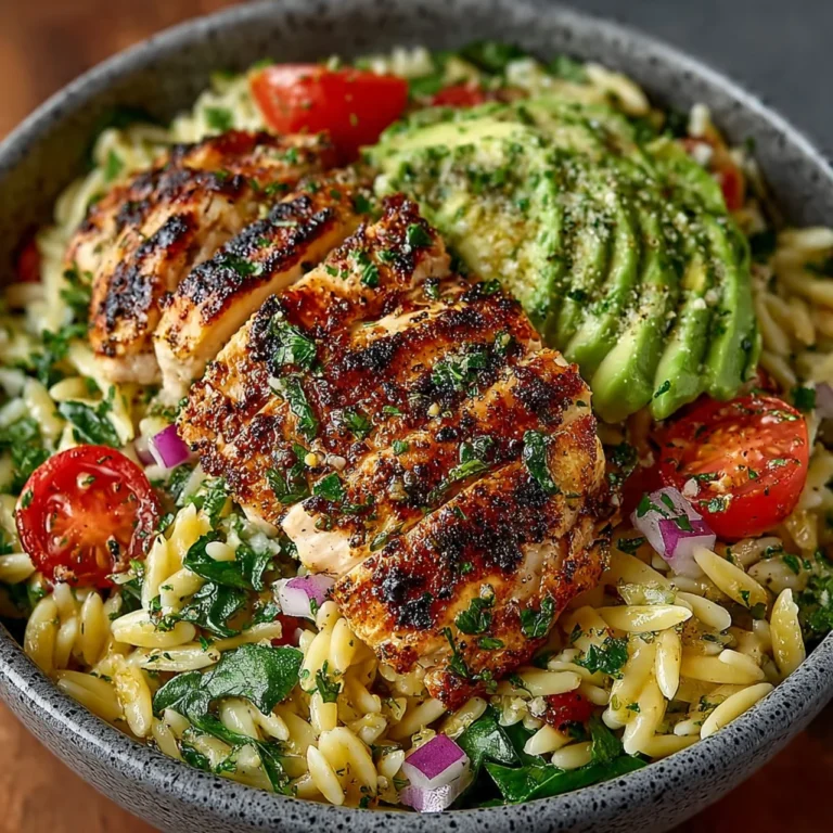 Grilled chicken orzo salad with avocado served in a bowl