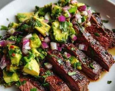 Grilled flank steak topped with fresh avocado salsa on a white plate