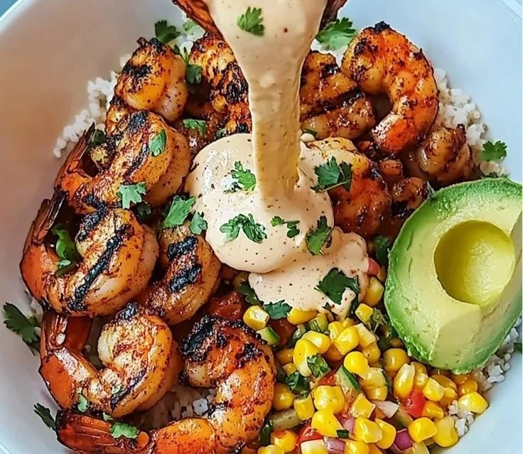 Delicious grilled shrimp bowl with fresh vegetables and spices