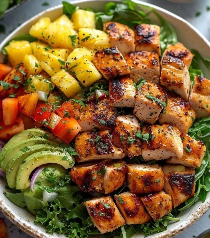 Gluten-free Hawaiian Chicken Salad served in a bowl with fresh ingredients.