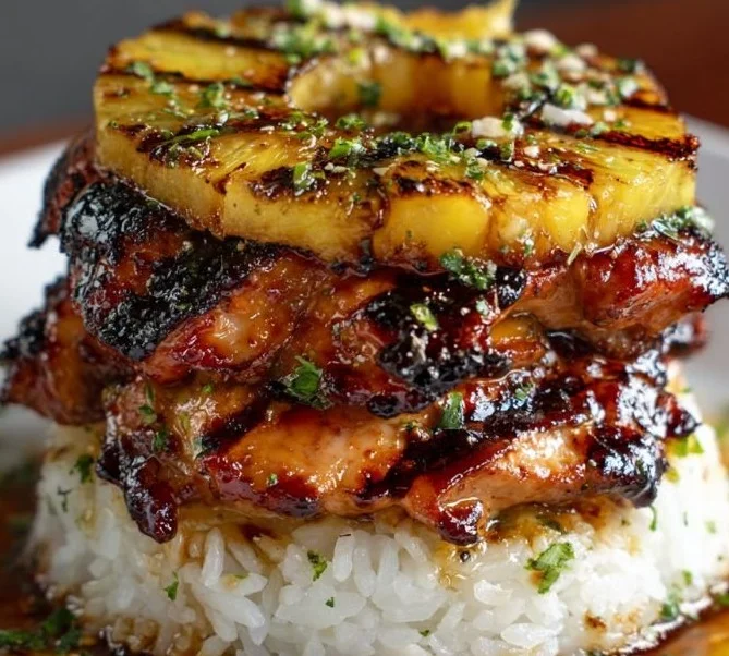 Delicious Hawaiian Huli Huli Chicken Stack on a grill