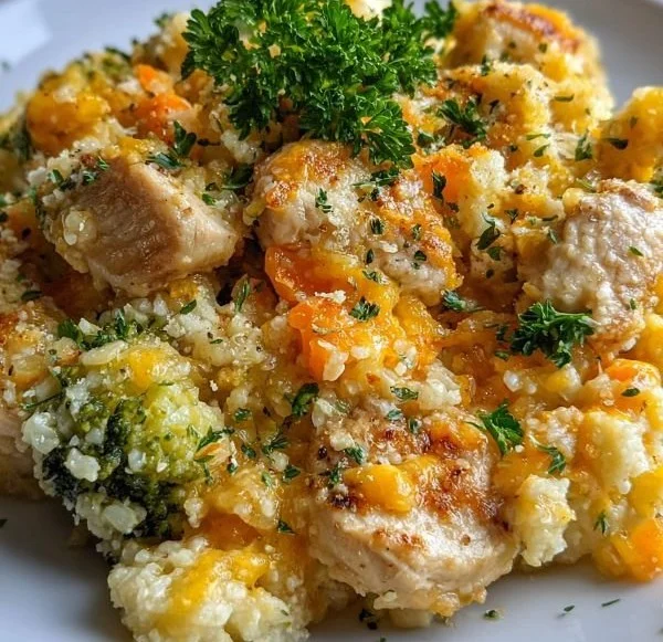 Healthy chicken cauliflower rice casserole topped with cheese and herbs.