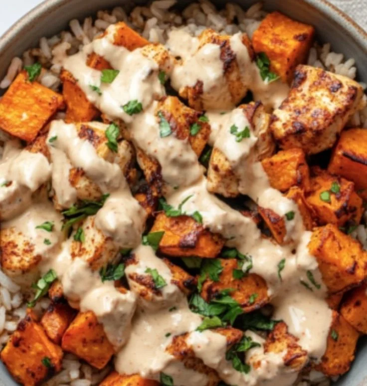 Healthy Chicken and Sweet Potato Rice Bowl full of flavors and nutrients.
