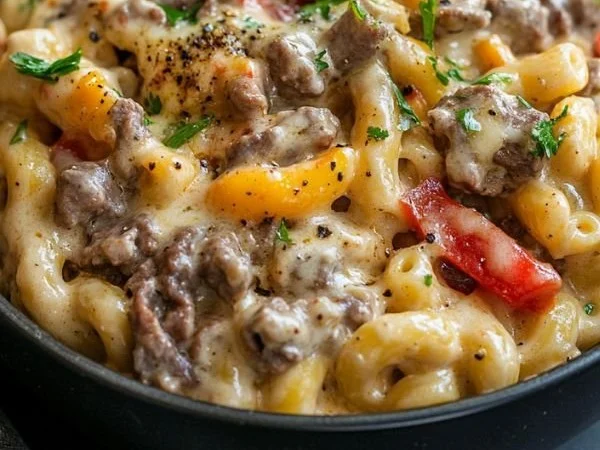High-protein creamy Philly cheesesteak mac and cheese served in a bowl