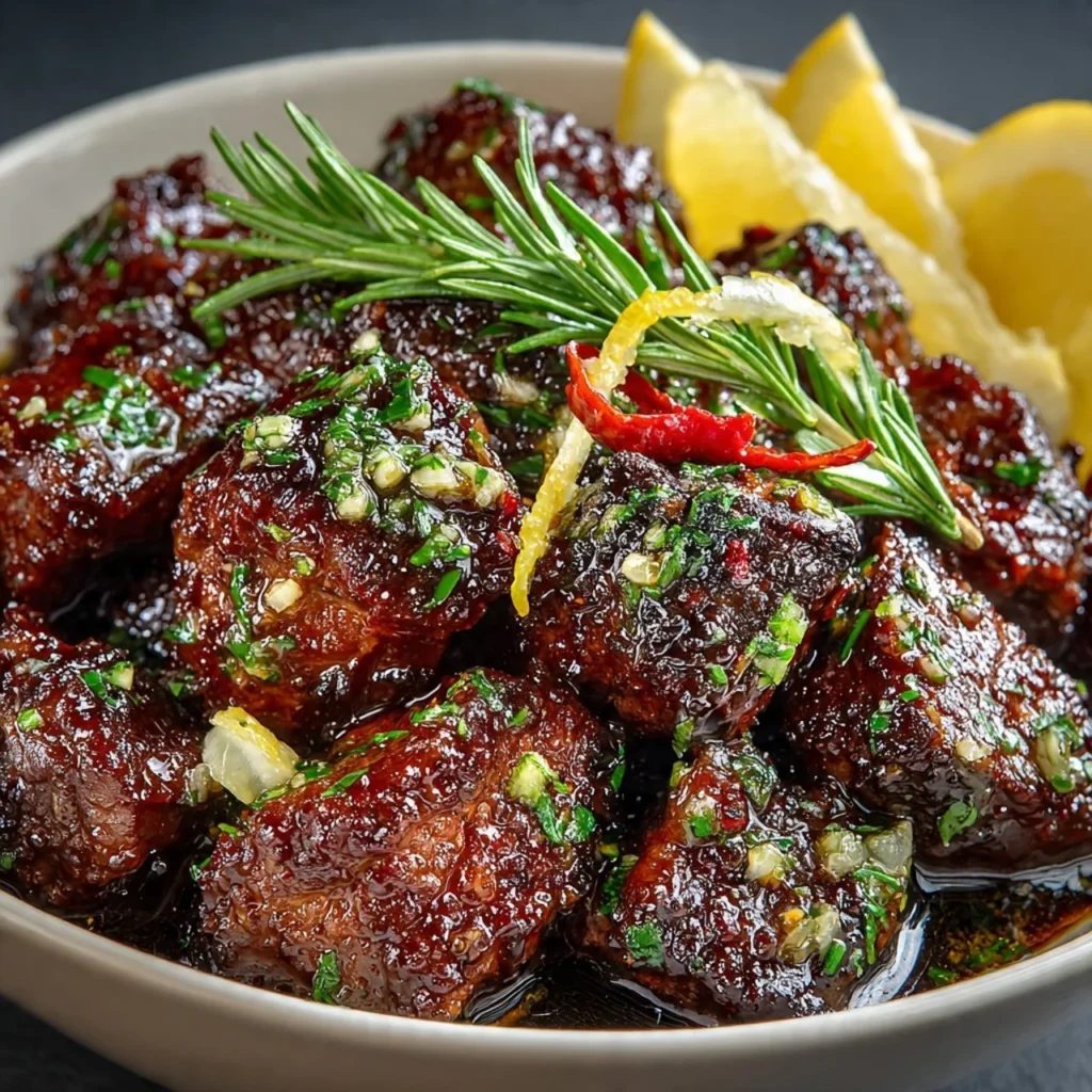 High protein slow cooker garlic butter beef bites served on a plate.