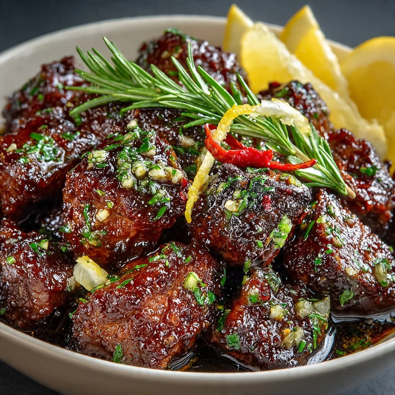 High protein slow cooker garlic butter beef bites served on a plate.