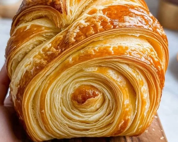 Freshly baked homemade croissant bread on a wooden table