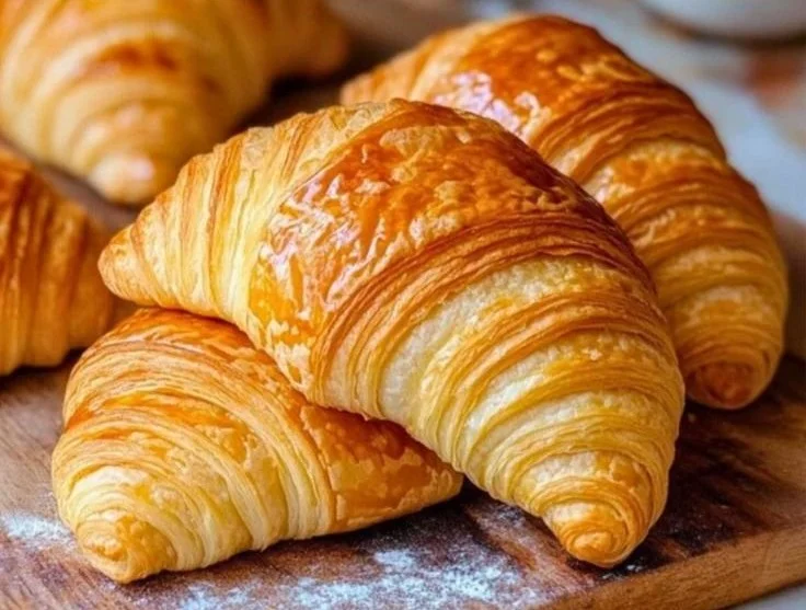 Freshly baked homemade croissants on a kitchen counter