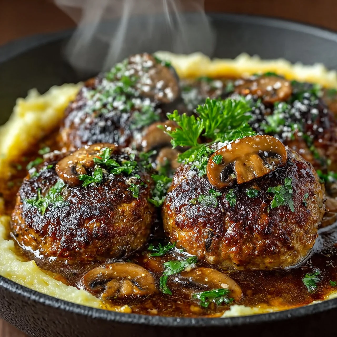 Delicious homemade Salisbury steak served with gravy and mashed potatoes