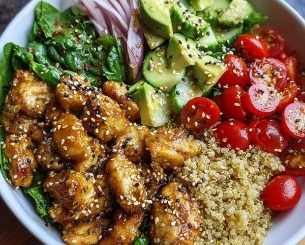 Honey Mustard Chicken Quinoa Bowl topped with fresh veggies and dressing