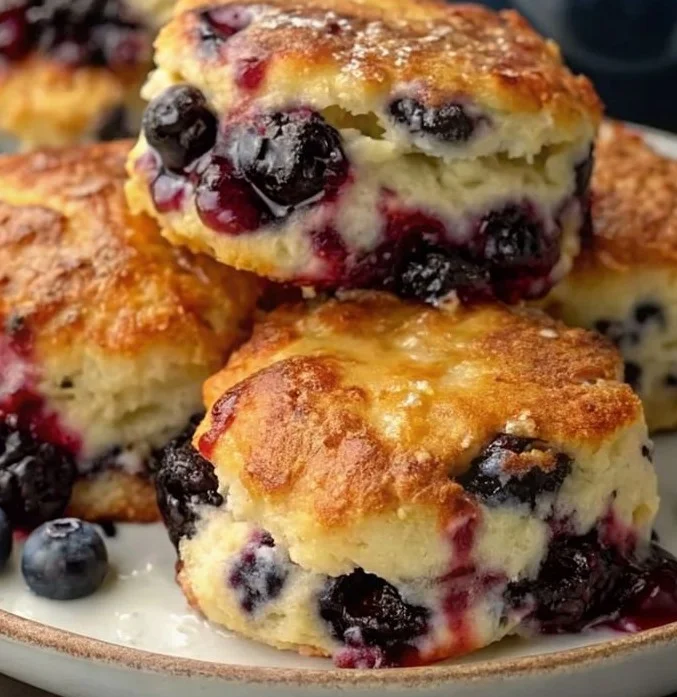Freshly baked blueberry biscuits on a baking tray