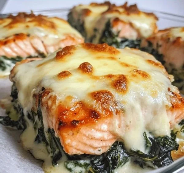 Irresistible baked salmon with spinach and mozzarella topping on a plate