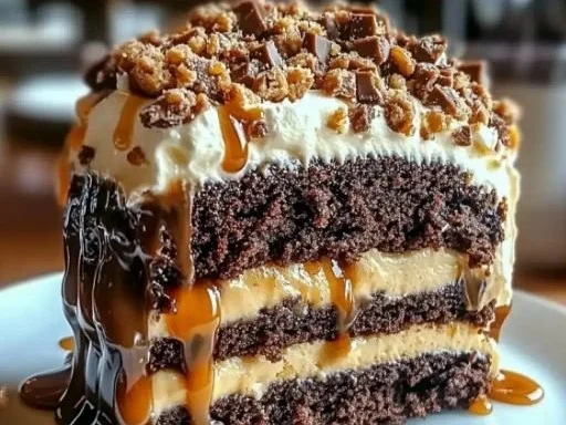 Decadent chocolate caramel toffee crunch cake topped with rich caramel and toffee bits