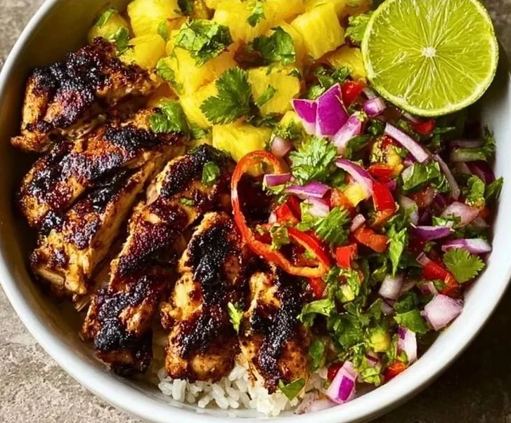 Jerk chicken bowl topped with vibrant pineapple salsa and fresh ingredients