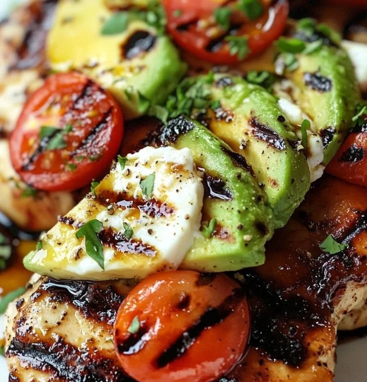 Juicy grilled California avocado chicken served with fresh herbs and veggies.
