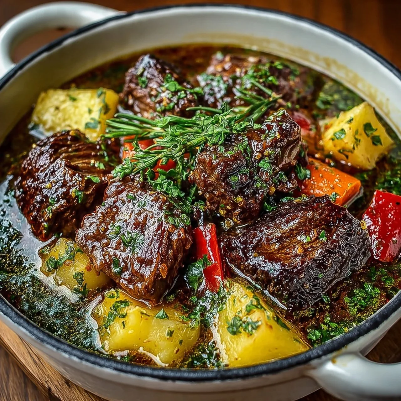 Savory lamb stew with vegetables in a rustic bowl