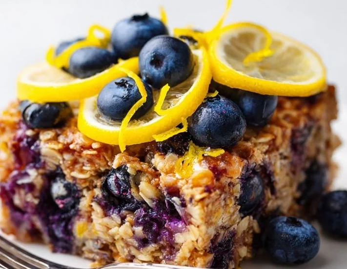 Bowl of Lemon Blueberry Baked Oatmeal topped with fresh berries