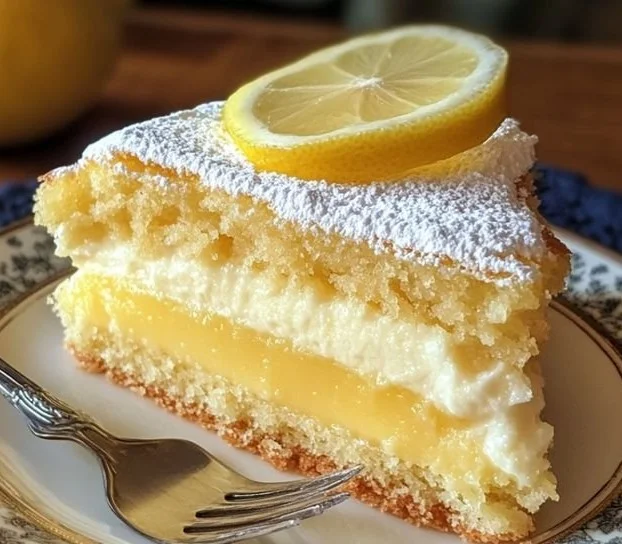 A beautifully decorated Lemon Custard Cake with lemon slices on top, inviting and delicious