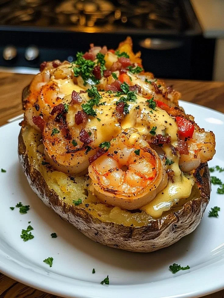 Loaded shrimp bacon potato dish topped with cheese and herbs
