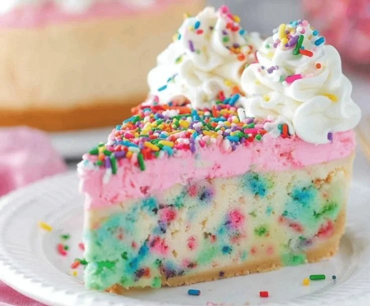 Delicious Funfetti Cheesecake with colorful sprinkles and cake bottom