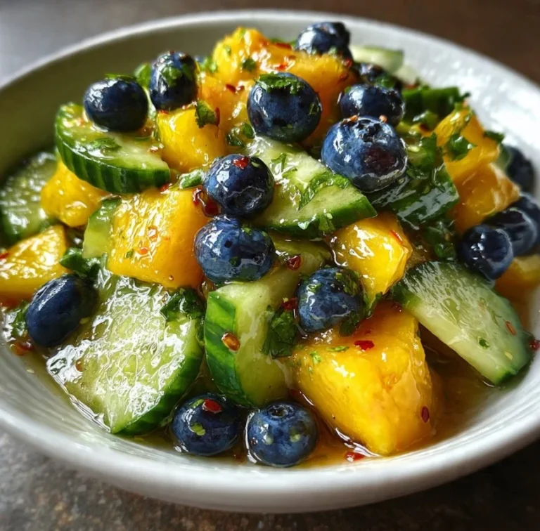 Mango cucumber salad with blueberries and avocado in a colorful bowl