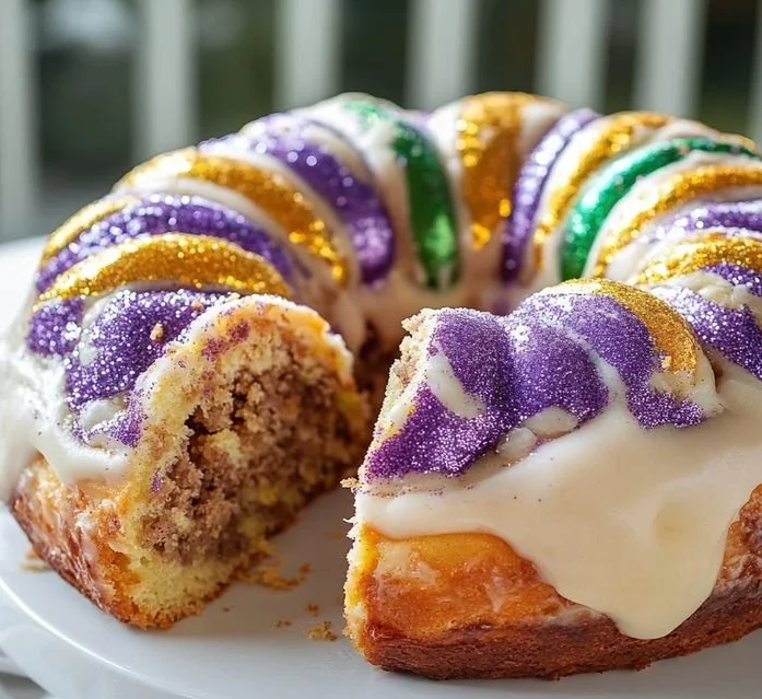 Mardi Gras King Cake with cinnamon filling, decorated with colorful icing