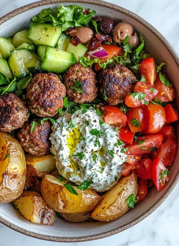 A vibrant Mediterranean meatball bowl garnished with fresh herbs and vegetables