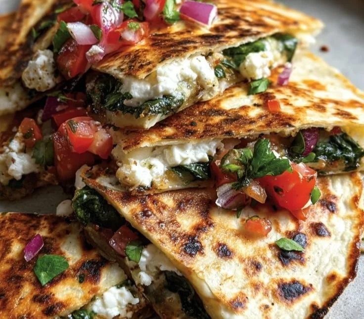 Mediterranean quesadillas with spinach, feta, mozzarella, and red onion on a plate