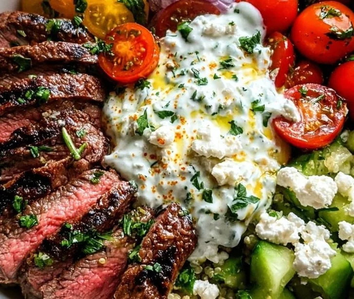 Mediterranean steak bowl with fresh vegetables and grains