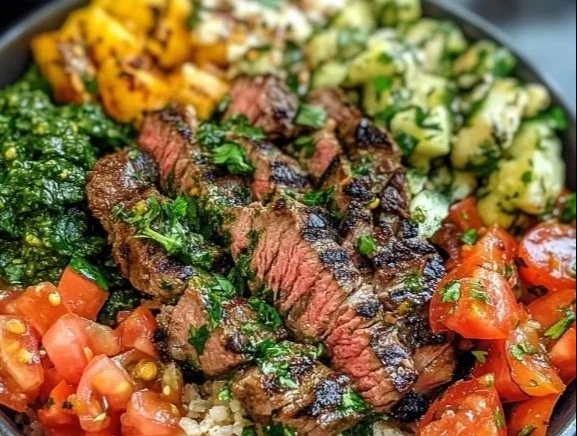 Mediterranean steak bowl featuring grilled steak, fresh veggies, and flavorful dressing