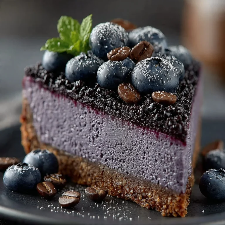 Midnight cheesecake with blueberry lavender swirl served on a plate