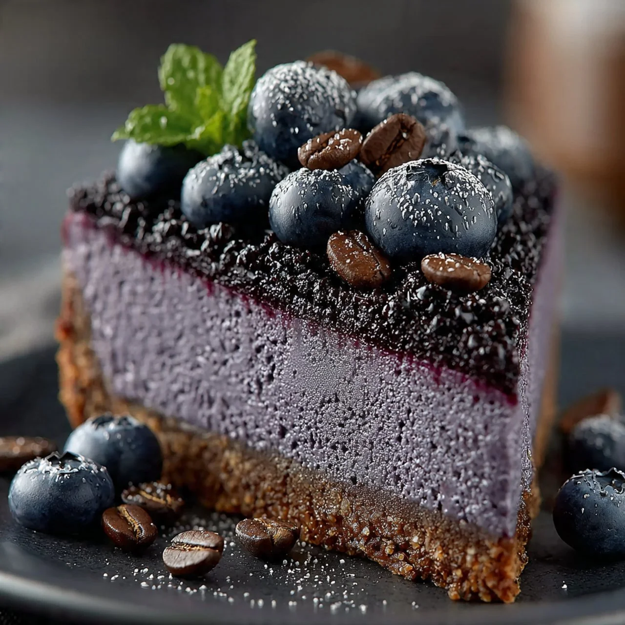 Midnight cheesecake with blueberry lavender swirl served on a plate