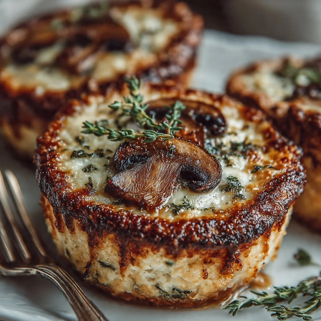 Mini mushroom and Gruyère pot pies baked with thyme in individual dishes
