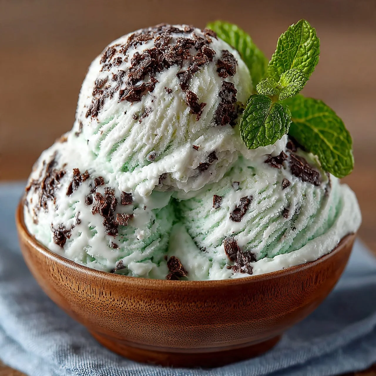 Delicious bowl of Mint Chocolate Chip Ice Cream with chocolate chips and mint leaves