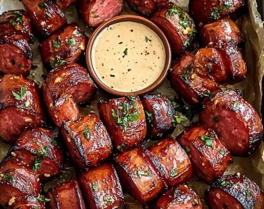 Delicious mustard Hasselback Kielbasa Bites served on a platter