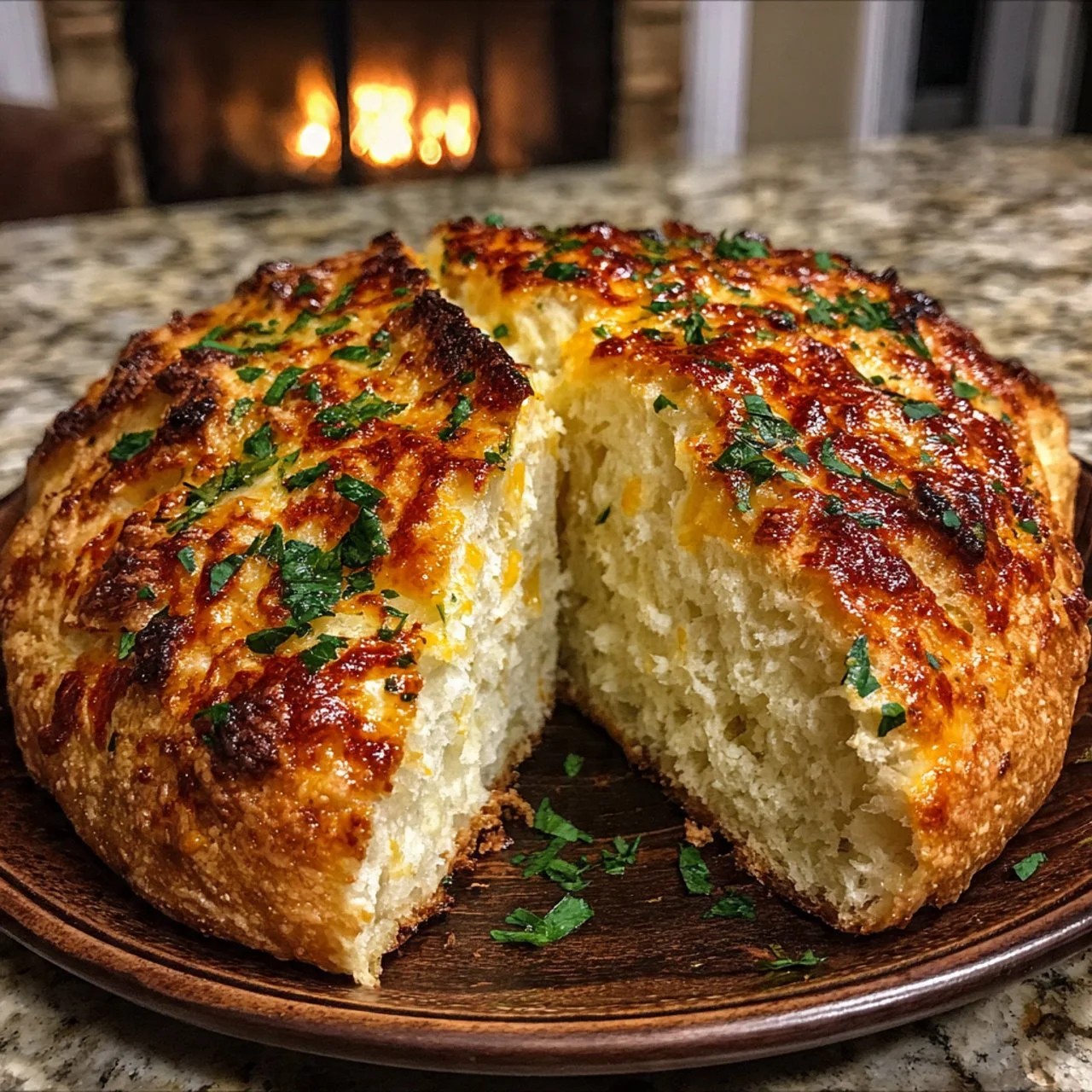 Freshly baked no knead cheddar bread in a Dutch oven
