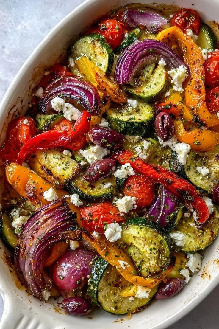 Colorful one-pan Greek vegetables ready to serve, showcasing vibrant seasonal produce.
